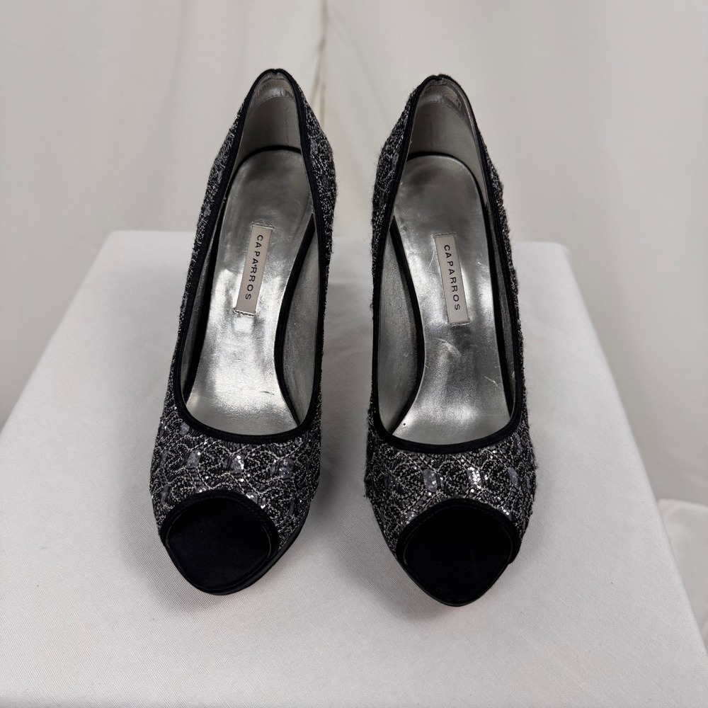 Caparros Peep Toe Heels Women 7B Black Silver Lace Sequin Sparkle Leather Sole